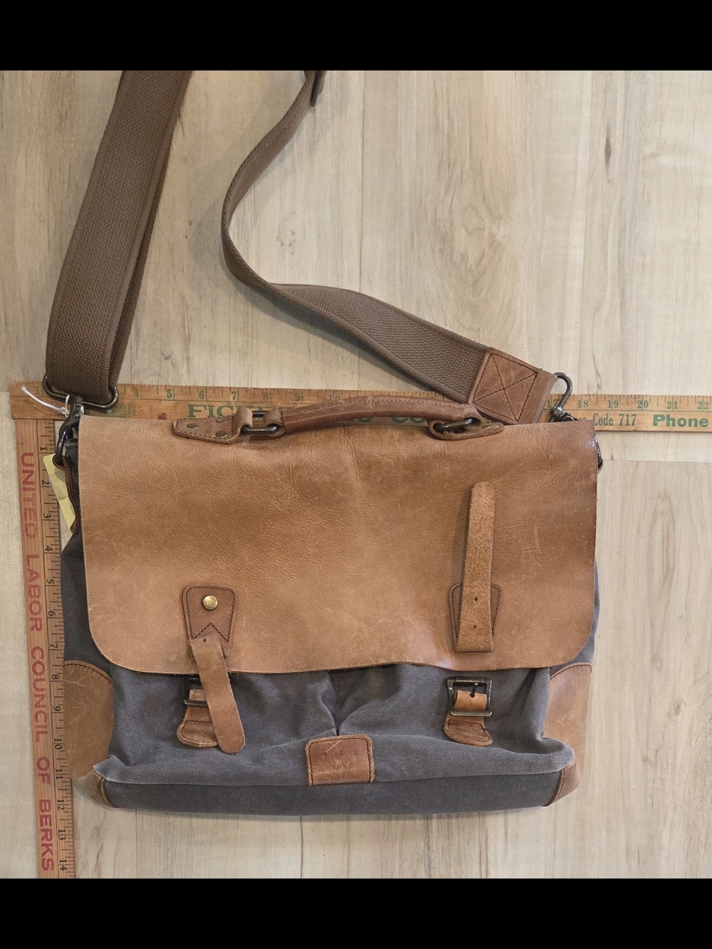 Wowbox Canvas & Leather Messenger Bag in Tan and Gray - Men's Shoulder Satchel - Picture 13 of 13